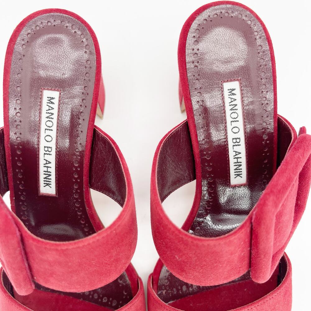 Manolo Blahnik Titubanew Red Suede Open Toe Buckle Mule Sandals Heels IT 37 - Picture 9 of 12